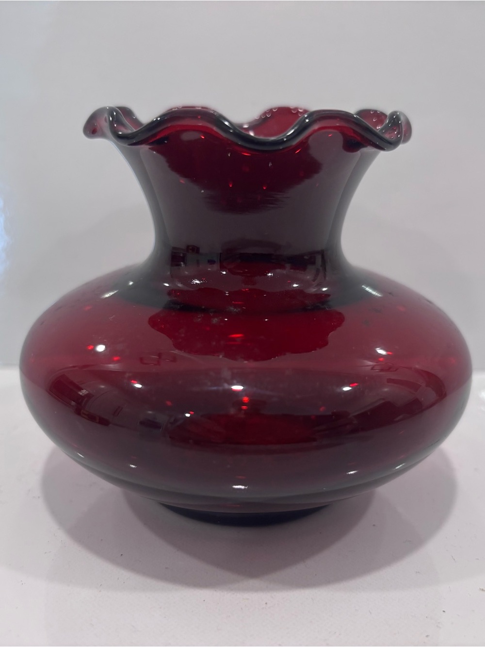 Vtg Fenton Cranberry Art Glass  Hand Blown Ruffle Rim Small Bud Vase Decor 3.75"